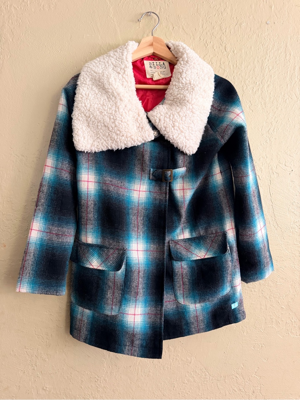 Billabong Teal and Black Plaid Coat with Cream Sherpa Collar